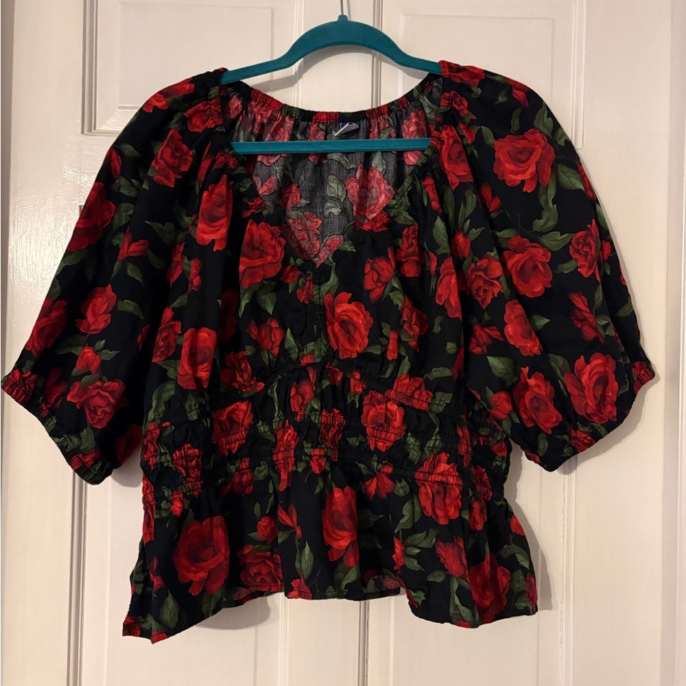 Old Navy Black and Red Floral Blouse